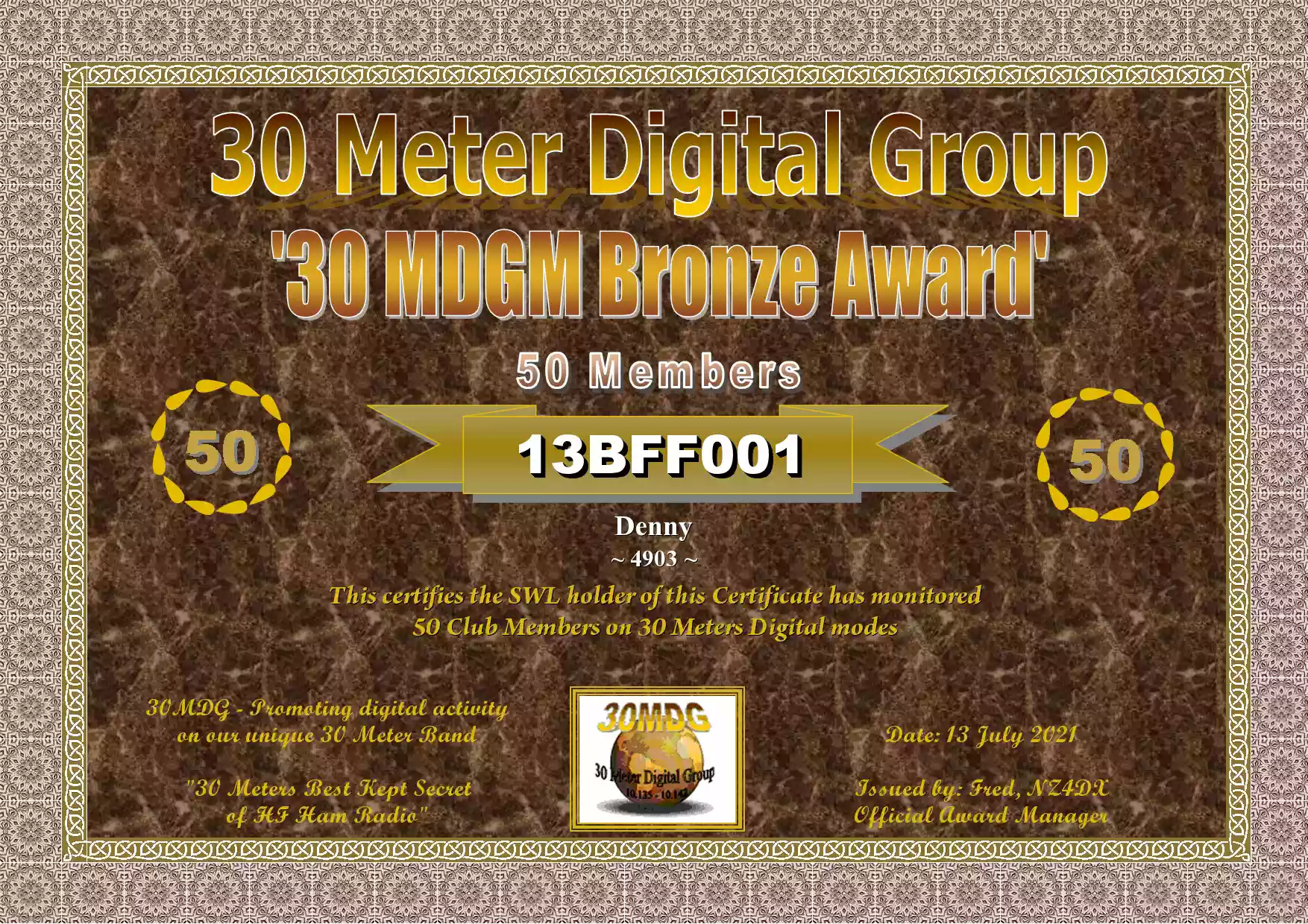 13BFF001 30MDG Certificate